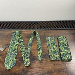 NWT Hi-Tie Green Floral Paisley Silk Tie & Pocket Square Set Mens Necktie &Hanky